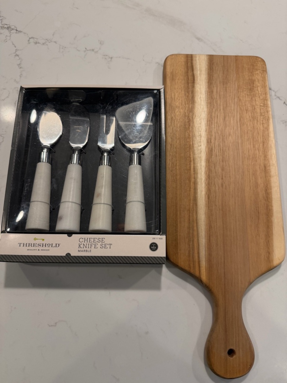 Threshold Marble-Effect Handle 4-Piece Cheese Knife Set with Wooden Paddle
